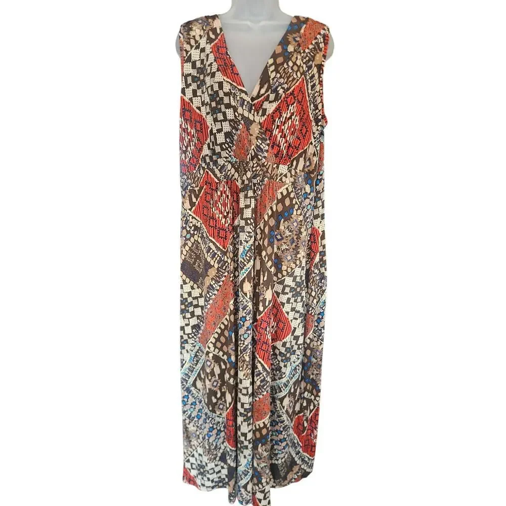Susan Lawrence Brown Orange Geometric Maxi Dress Sz 2X Stretchy V Neck